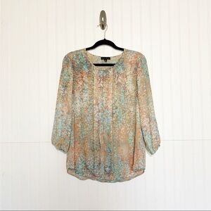 Willi Smith M Watercolor Pleated Peasant Blouse